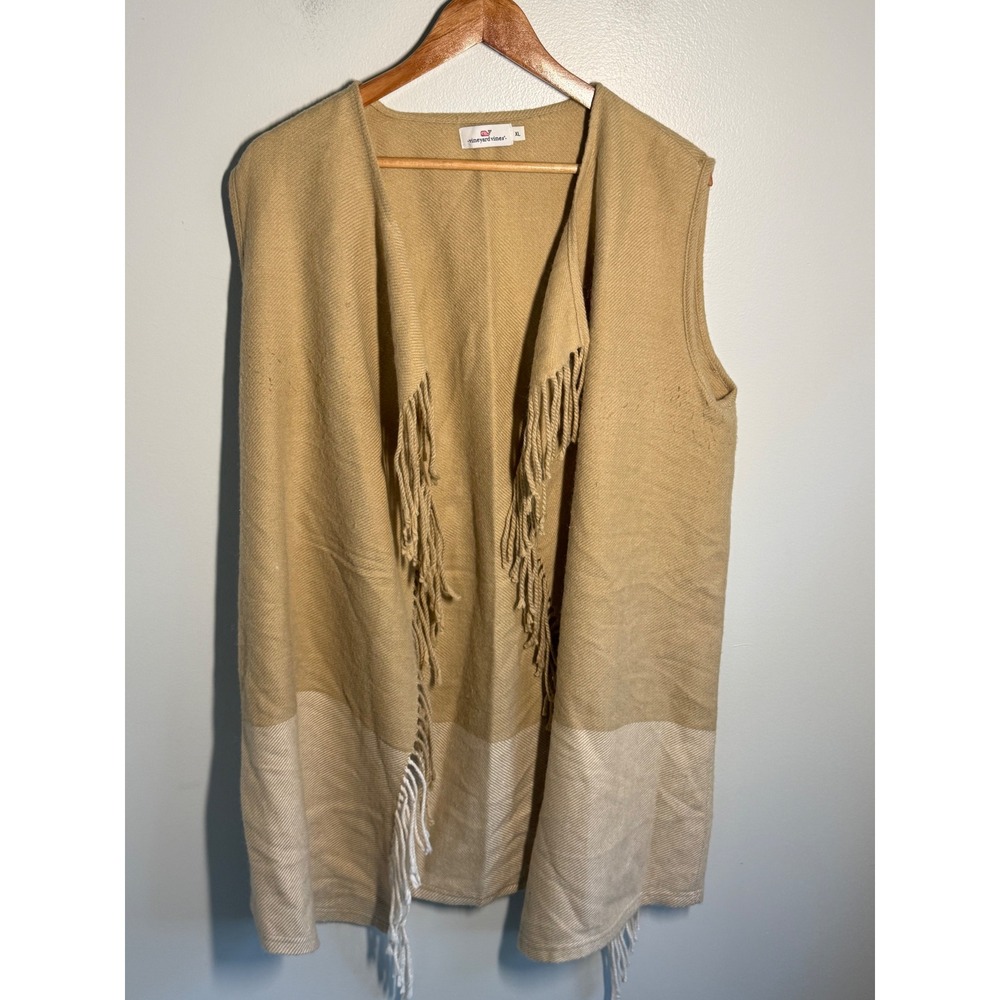 Vineyard Vines Womens XL Tan Beige Fringe Open Front Sweater Vest Wool Blend